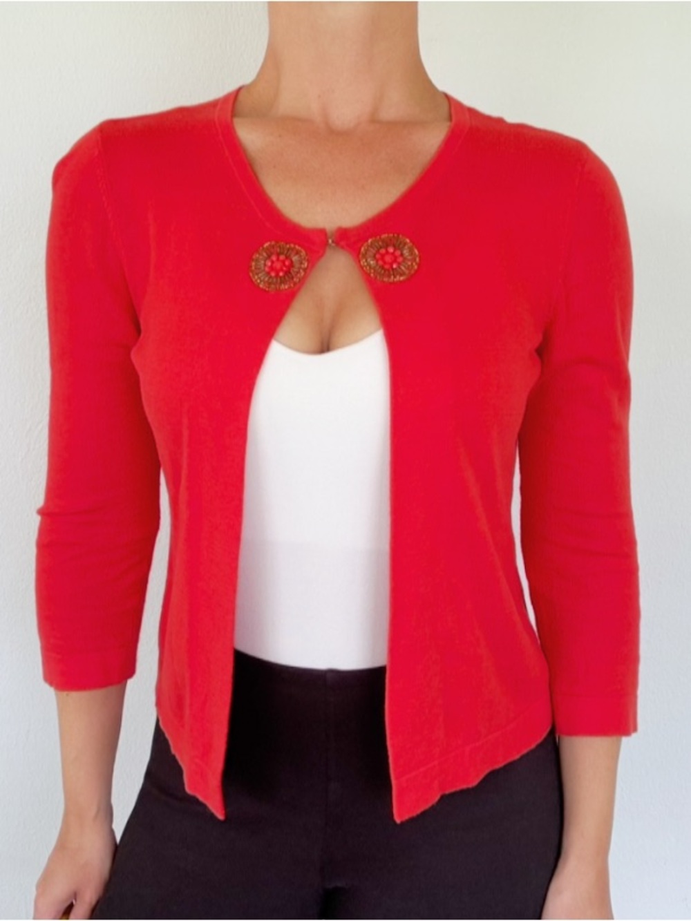 Ann Taylor LOFT red orange beaded medallion cotton cardigan sweater size XS